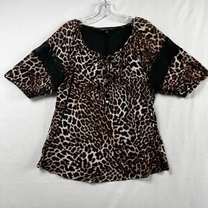 Adrienne Vittadini Top Womens Large Animal Print Short Sleeve Crochet Tie Front